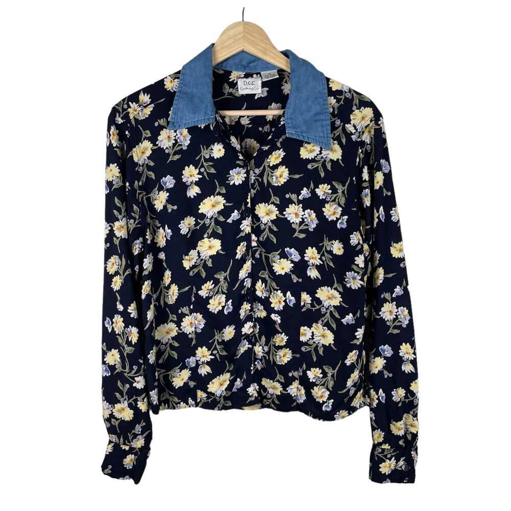 90s Vintage Floral Long Sleeve Button Up Denim Collar Shirt Womens M Navy Blue
